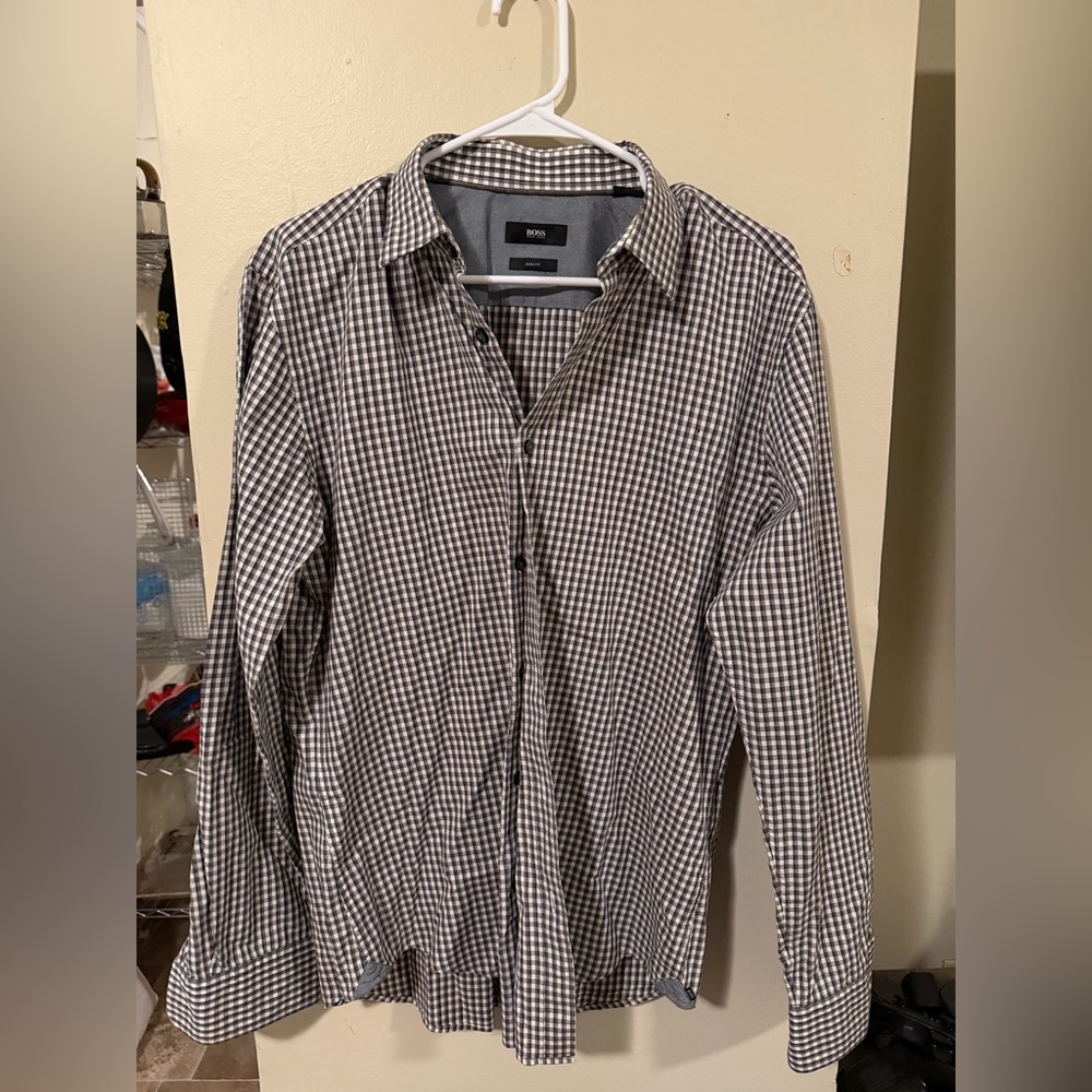BOSS Hugo Boss Men's Large Gingham Check Cotton Button Up Shirt L